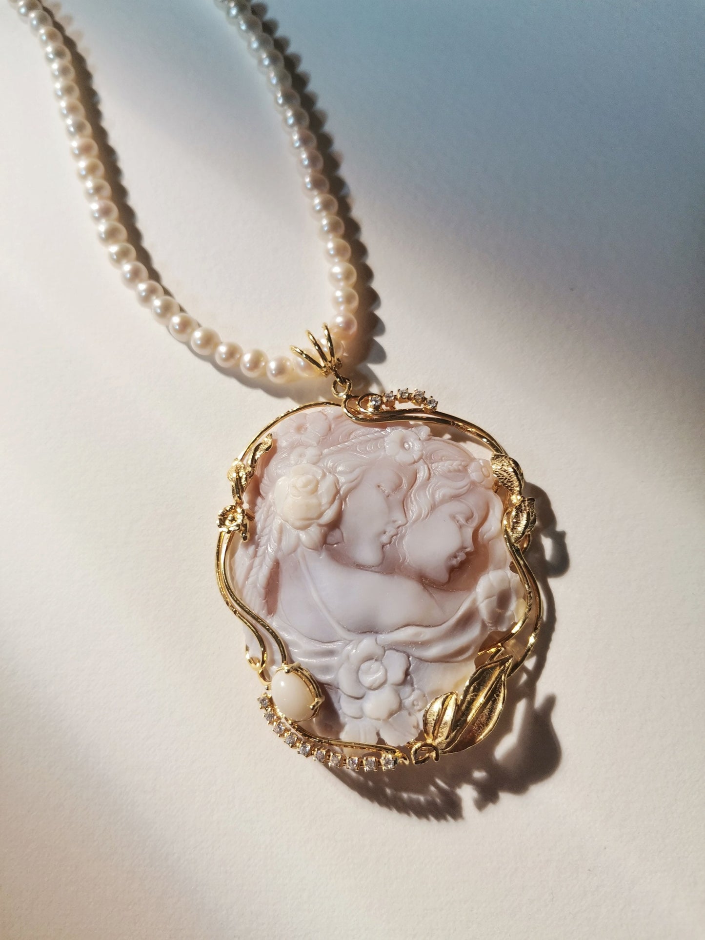Genuine cameo necklace, Freshwater pearls, sea shell handmade cameo necklace, silver sterling 925, custom gift for her, wedding anniversary