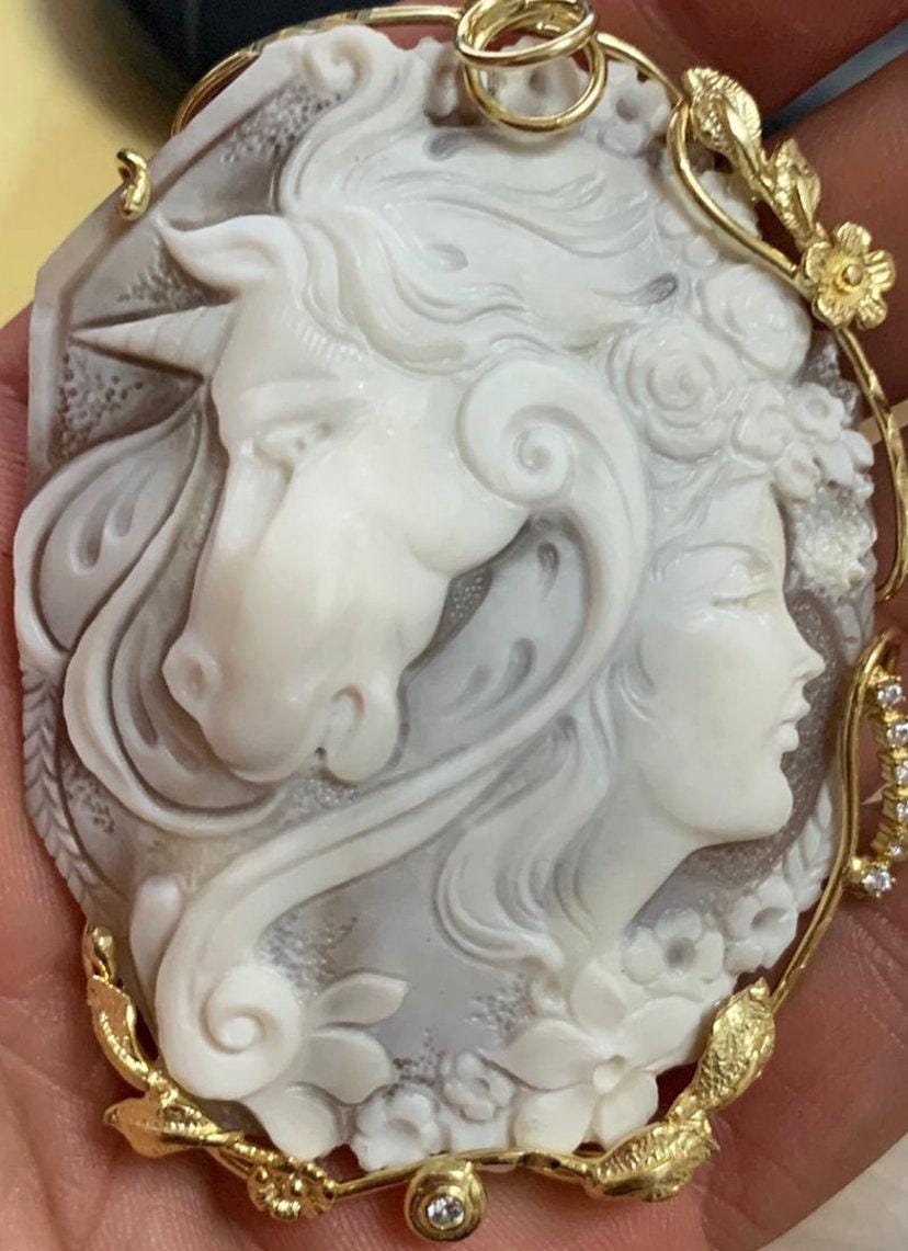 Genuine cameo necklace, Unicorn pendant, made in Italy, silver sterling 925, personalised gift for her, horse lover, horse necklace keepsake