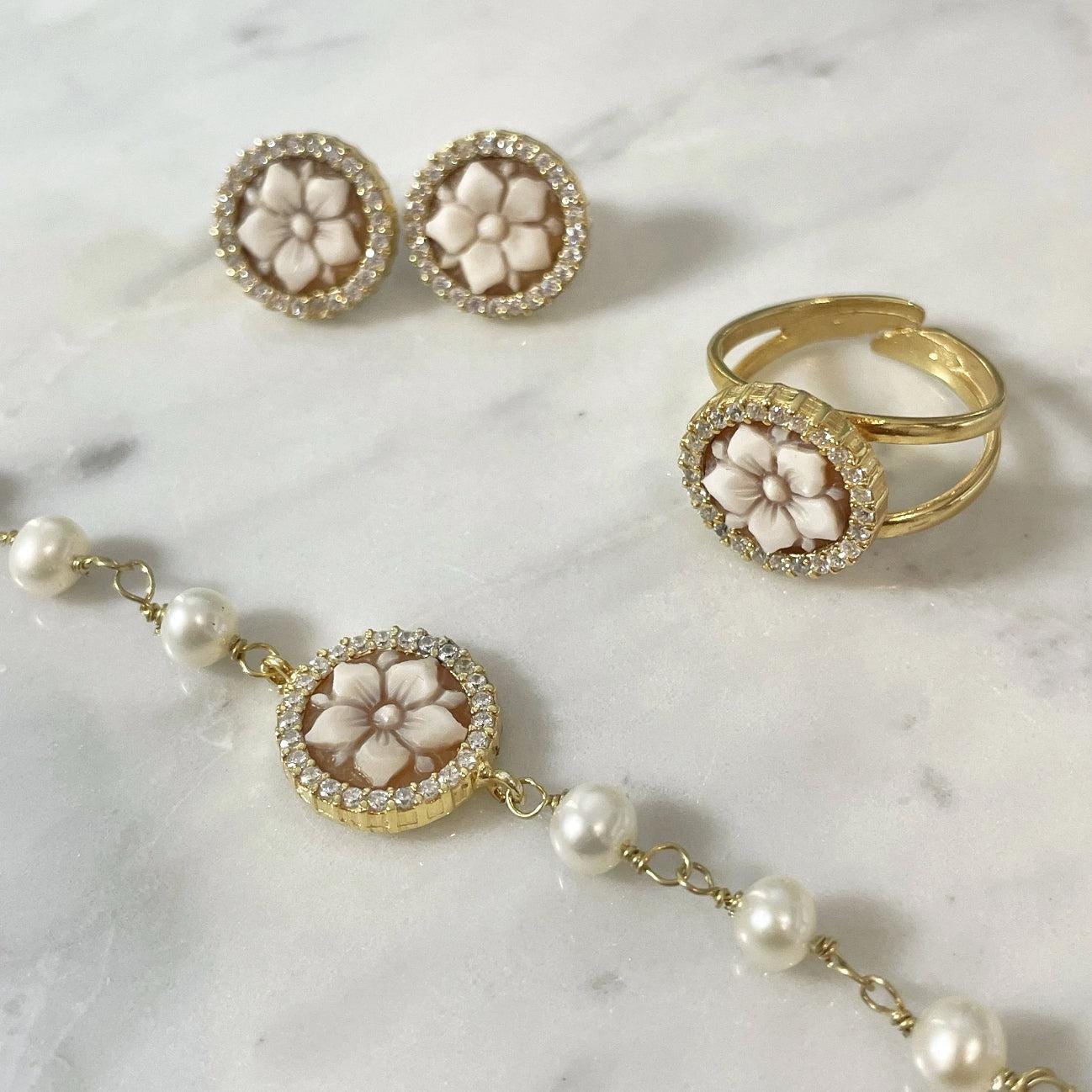 3 Piece cameo jewelry set, cameo bracelet, ring and earrings, floral jewelry, anniversary gift, wedding gift, jewelry gift set, birth flower