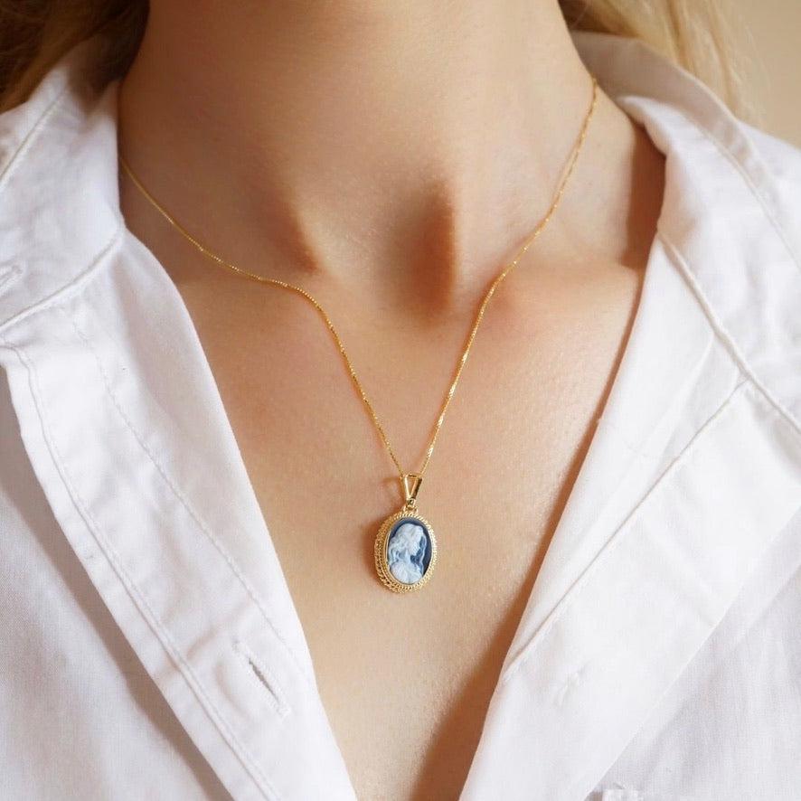 Cameo necklace, memorable gift, made in Italy, waterproof jewelry, unique handmade jewelry, blue cameo, 18k gold necklace, gift for her, mom