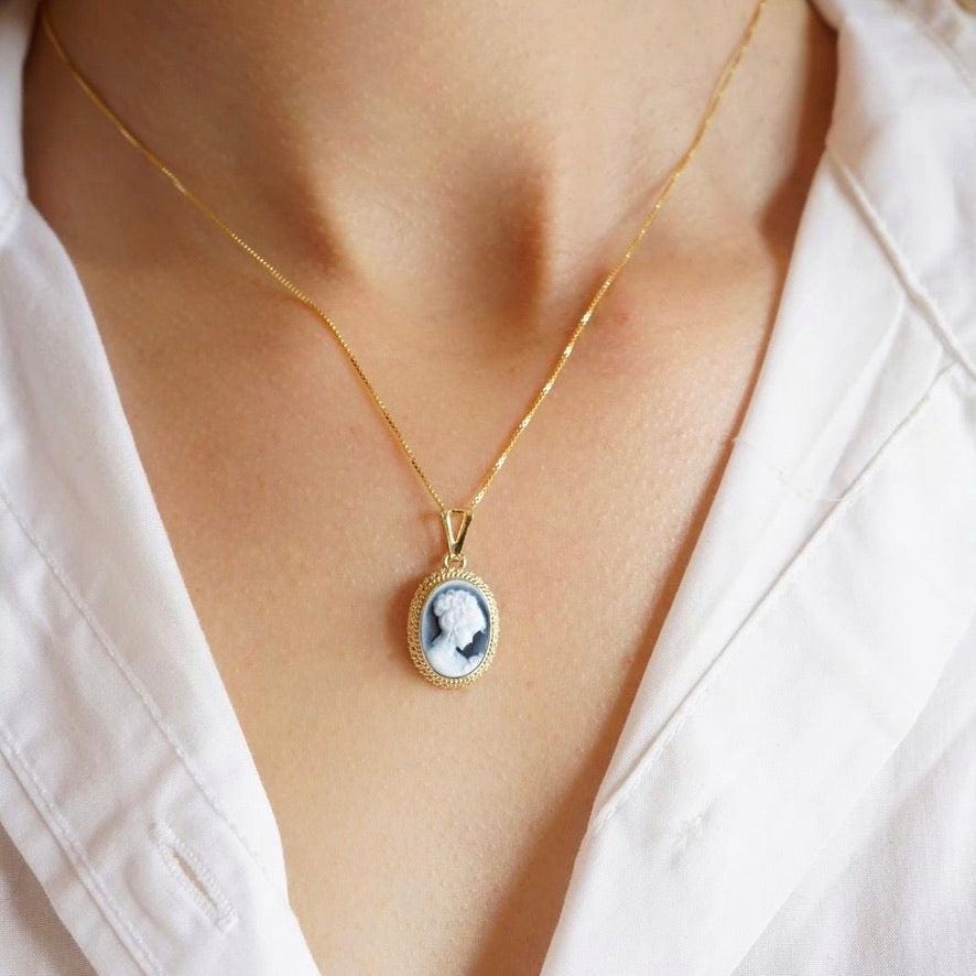 Blue cameo golden necklace, silver jewelry, made in Italy, personalised gift for her, agate genuine Italian cameo, cameo set, cameo necklace