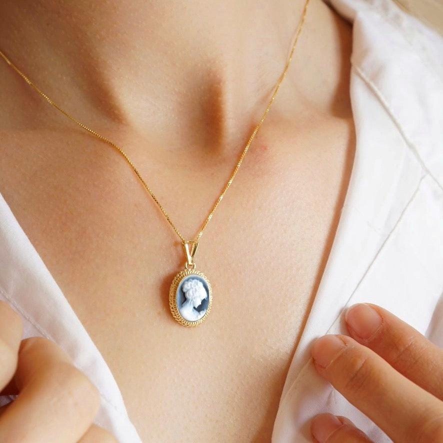 Blue cameo golden necklace, silver jewelry, made in Italy, personalised gift for her, agate genuine Italian cameo, cameo set, cameo necklace