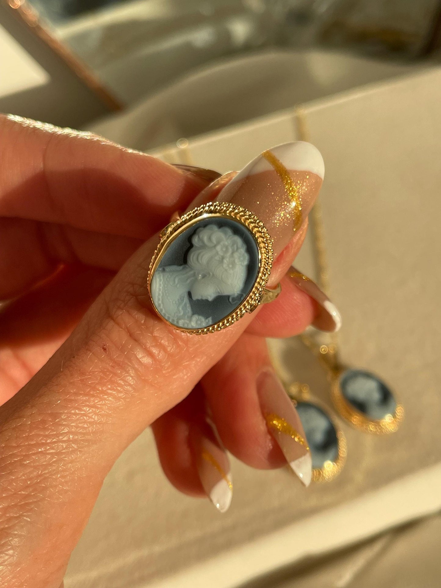 Blue cameo golden necklace, silver jewelry, made in Italy, personalised gift for her, agate genuine Italian cameo, cameo set, cameo necklace