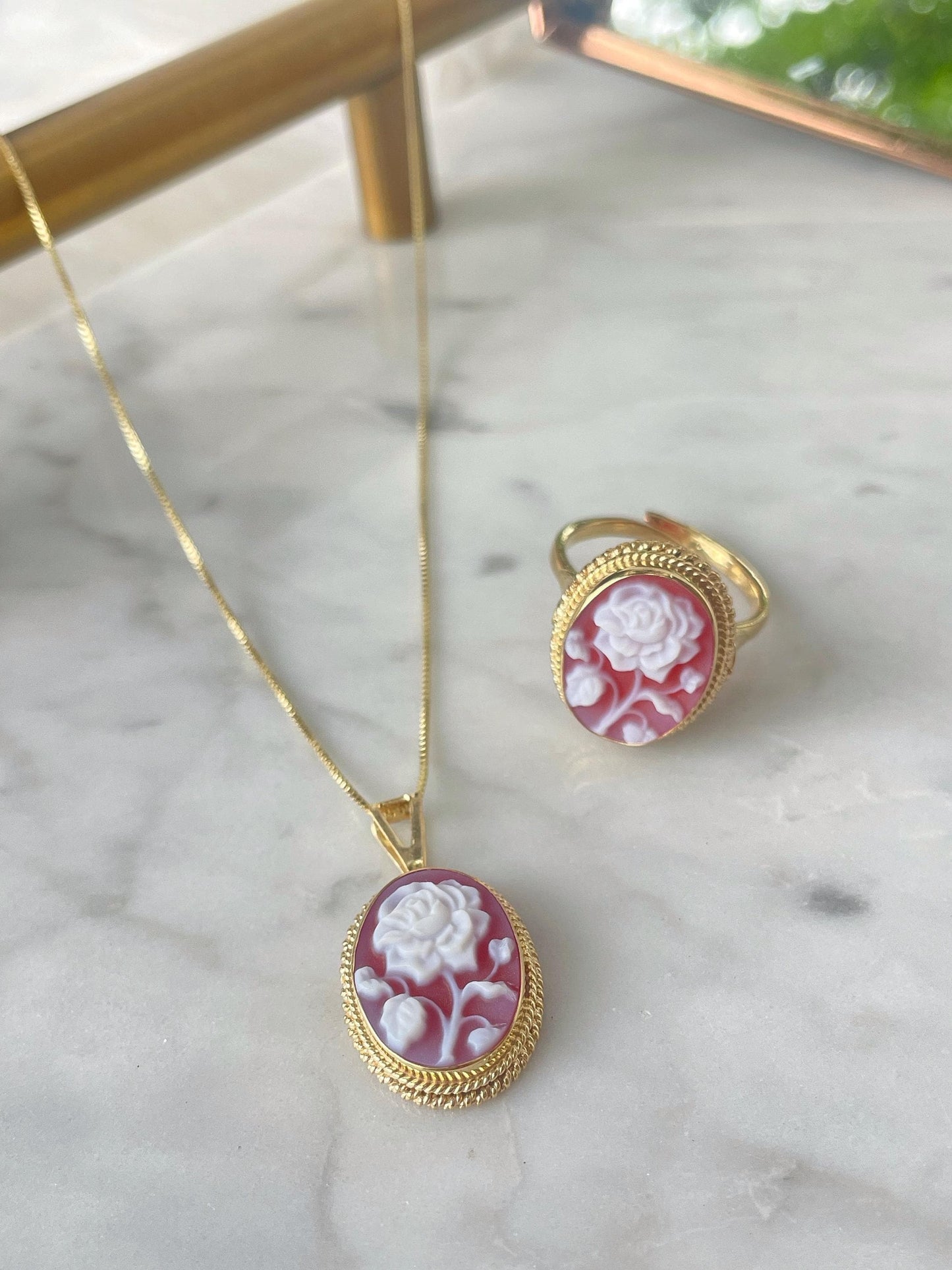 Red cameo rose necklace