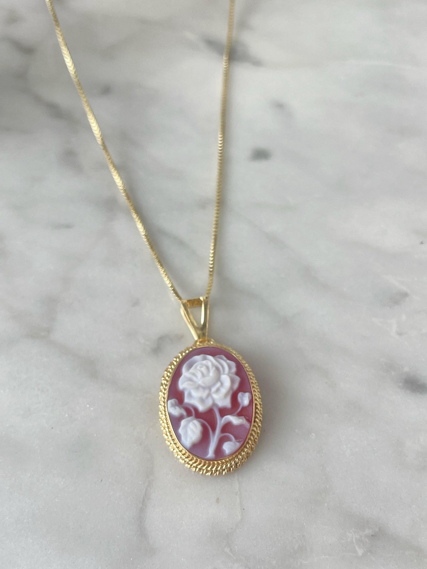 Red cameo rose necklace