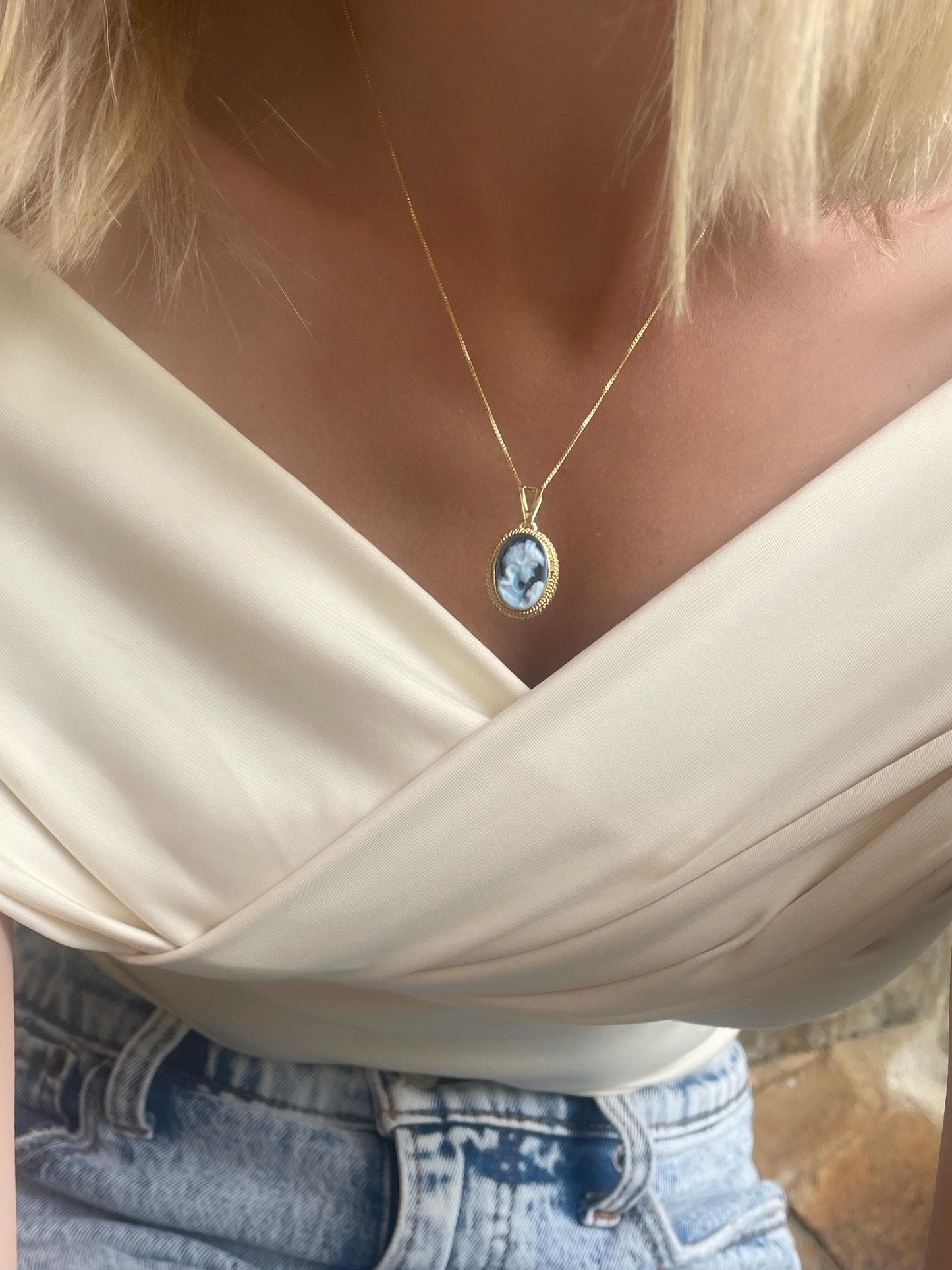 Mother & Child blue cameo necklace