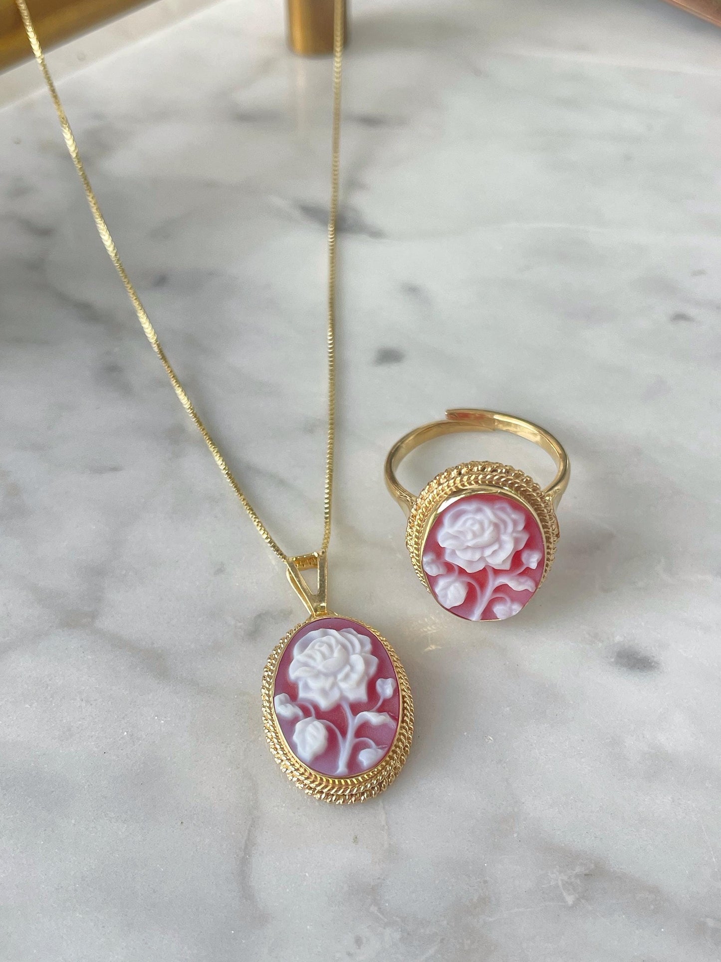 Red cameo rose necklace