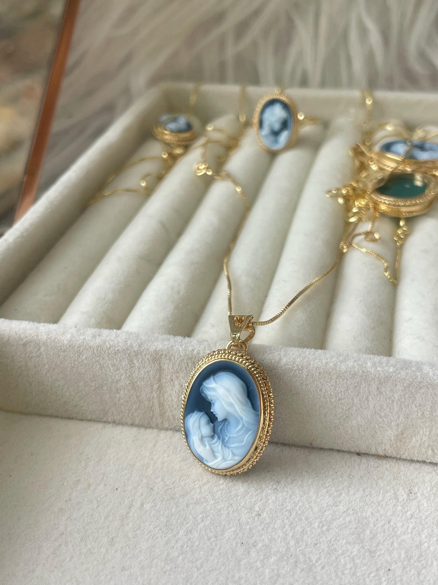 Mother & Child blue cameo necklace