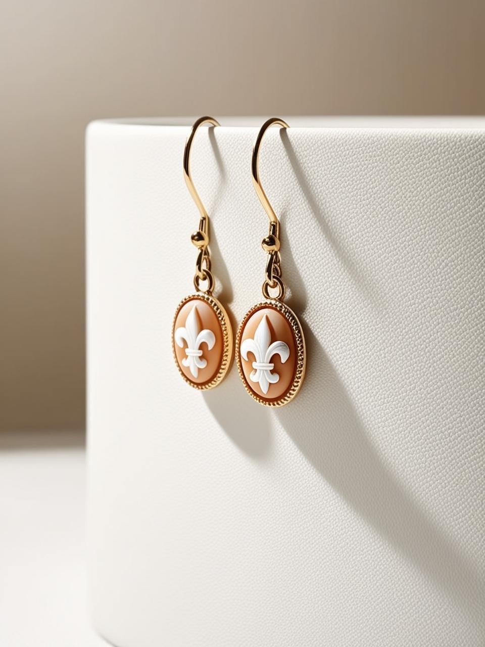 Fleur de Lis earrings, cameo drop earrings, 18K gold earrings, anniversary gift, bridal jewelry, made in Italy, custom unique gift, camée