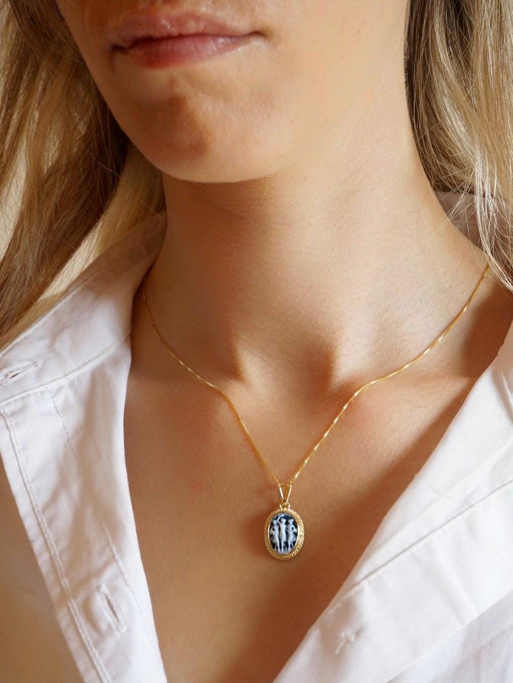The Three Graces Blue cameo necklace, made in Italy, gift for her, agate genuine Italian cameo, cameo set, cameo necklace, friendship neckla