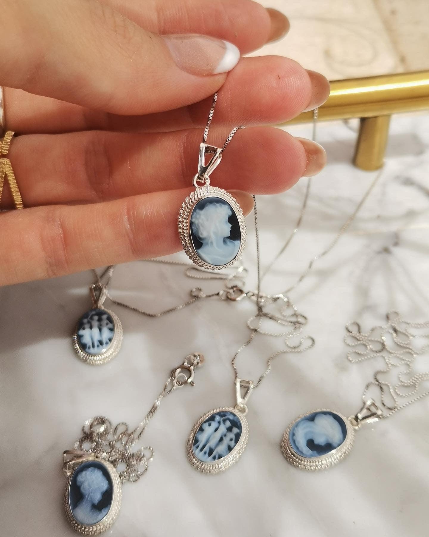 Blue cameo necklace, silver jewelry set, made in Italy, personalised gift for her, agate genuine Italian cameo, cameo set, cameo necklace