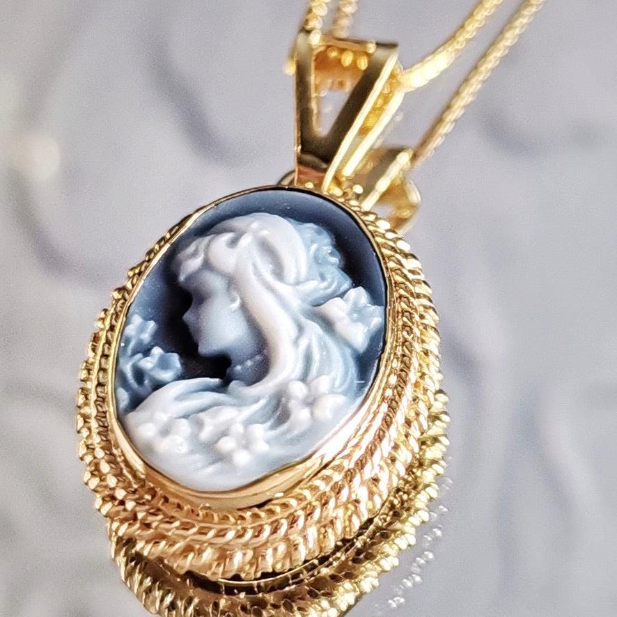 Blue Cameo necklace, 18k gold plated necklace, cameo jewelry, bridal jewelry set, made in Italy, gift for her, unique wedding gift, Mother's