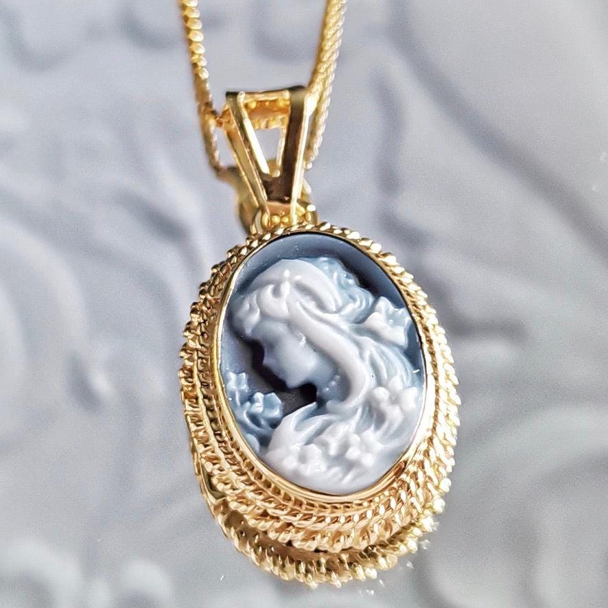 Blue Cameo necklace, 18k gold plated necklace, cameo jewelry, bridal jewelry set, made in Italy, gift for her, unique wedding gift, Mother's