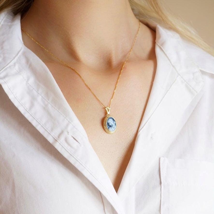 Blue Cameo necklace, 18k gold plated necklace, cameo jewelry, bridal jewelry set, made in Italy, gift for her, unique wedding gift, Mother's
