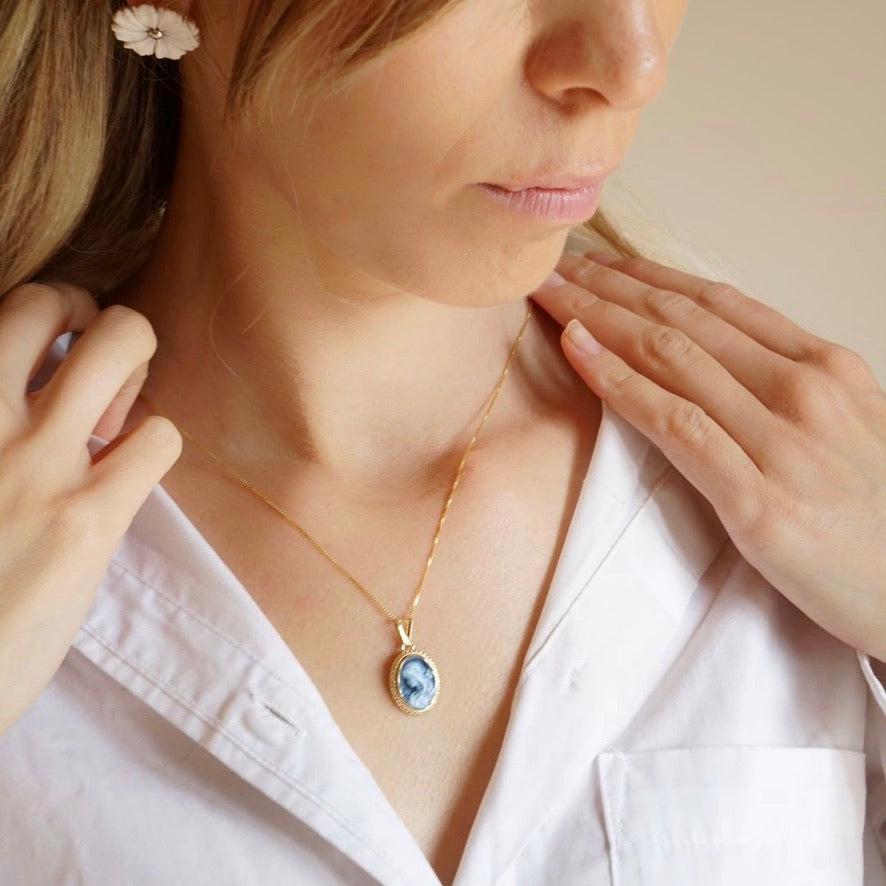 Blue Cameo necklace, 18k gold plated necklace, cameo jewelry, bridal jewelry set, made in Italy, gift for her, unique wedding gift, Mother's