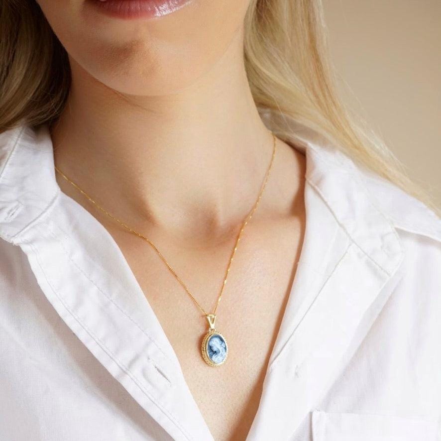 Blue Cameo necklace, 18k gold plated necklace, cameo jewelry, bridal jewelry set, made in Italy, gift for her, unique wedding gift, Mother's
