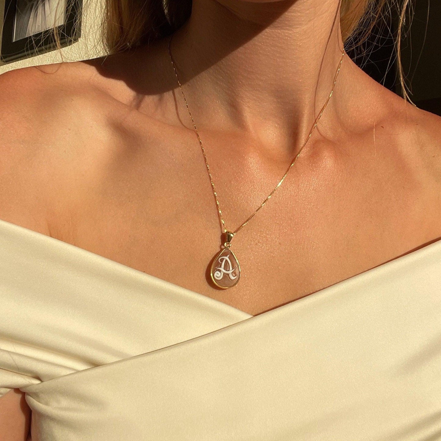 Letter J pendant, initials, cameo necklace, dainty, minimalistic golden necklace, shell cameo, minimalist jewelry, wedding gift, anniversary