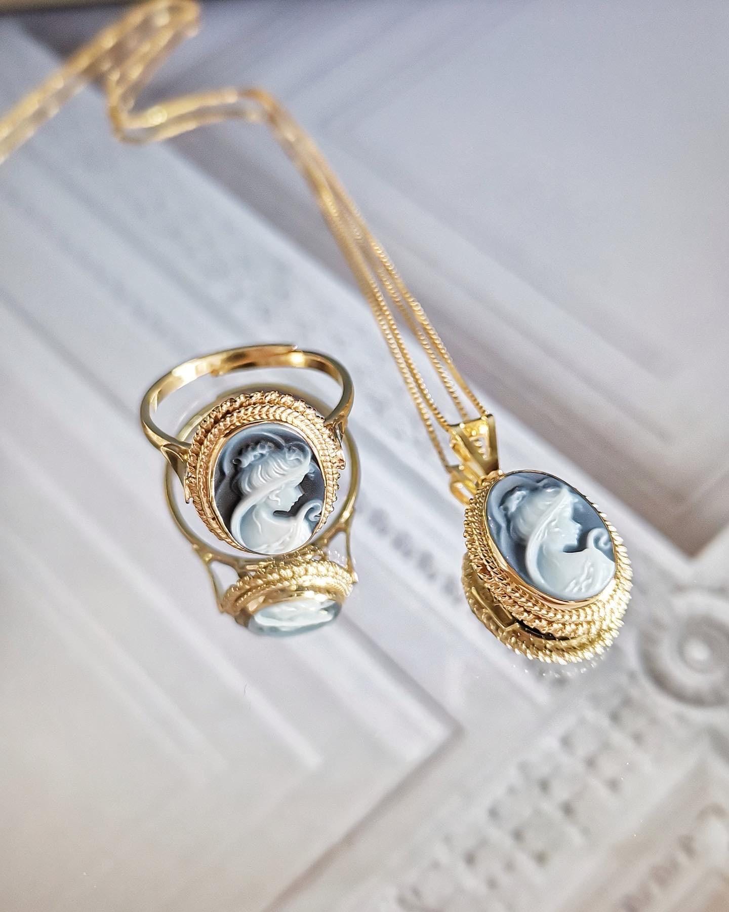 Blue cameo set, 18K gold necklace, cameo jewelry, made in Italy, gift for her, cameo ring, cameo set, cameo necklace, waterproof jewelry