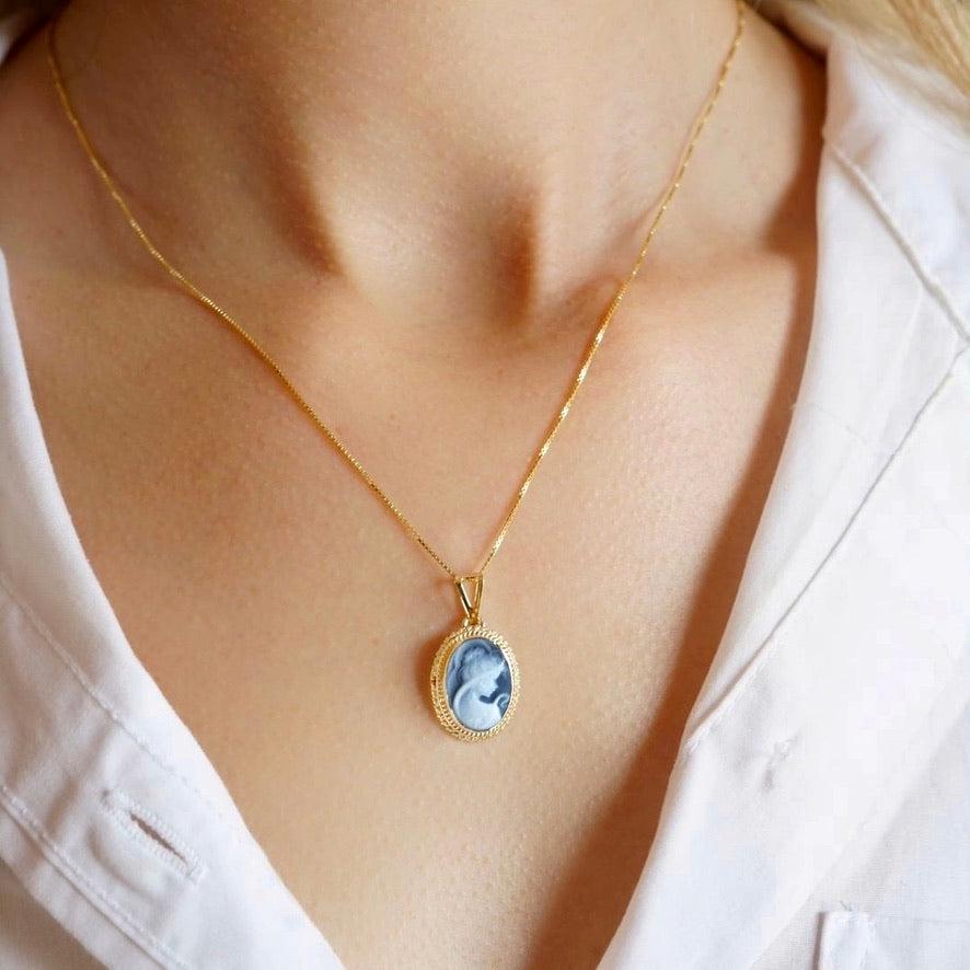 Blue cameo set, 18K gold necklace, cameo jewelry, made in Italy, gift for her, cameo ring, cameo set, cameo necklace, waterproof jewelry