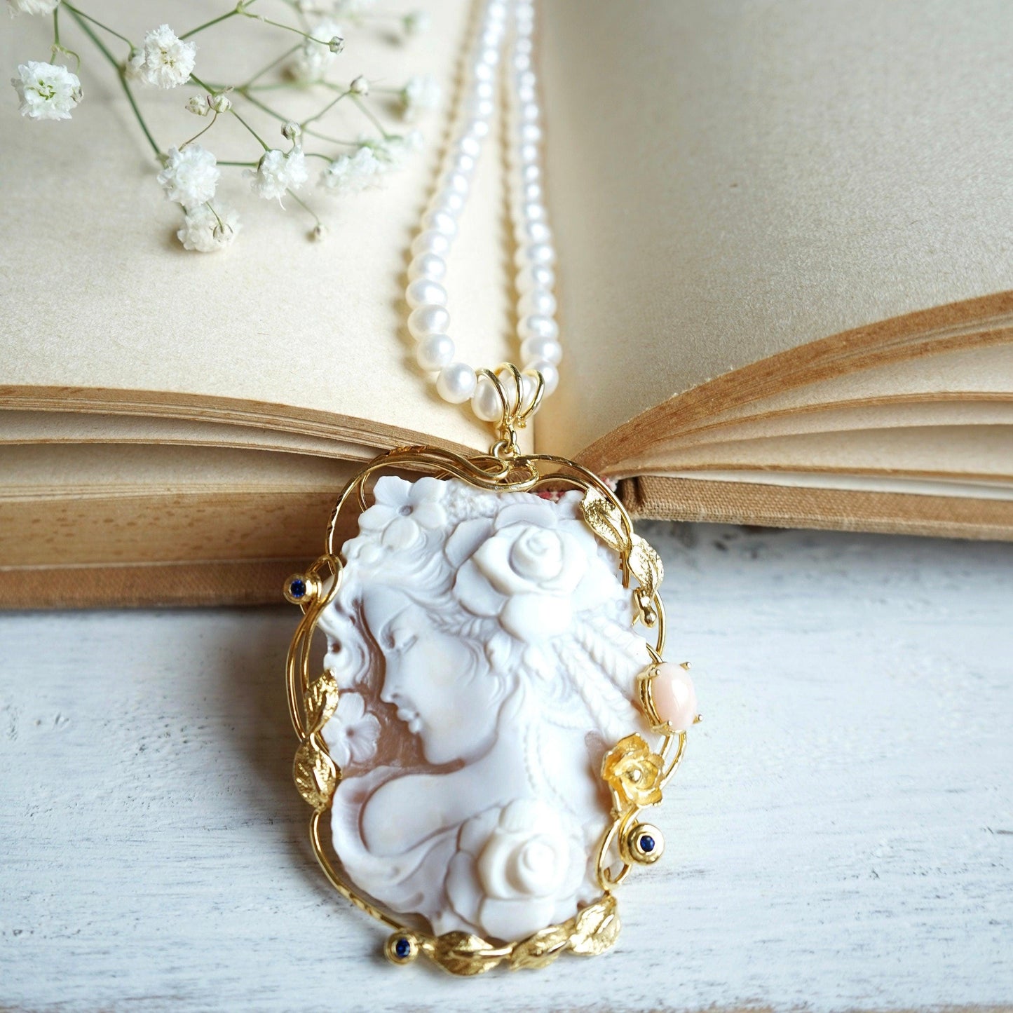Genuine cameo necklace, medallion pendant, made in Italy, silver sterling 925, personalised gift for her, bridal, wedding jewelry, coral