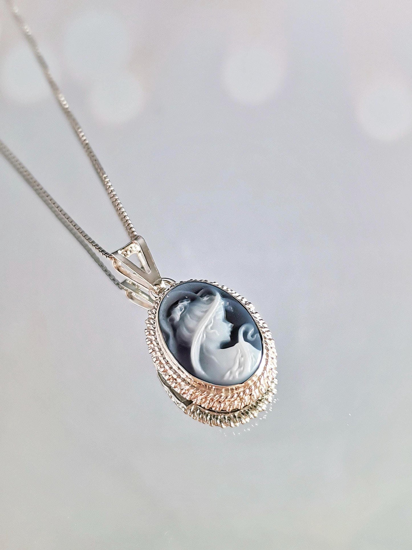 Blue cameo necklace, silver jewelry set, made in Italy, personalised gift for her, agate genuine Italian cameo, cameo set, cameo necklace