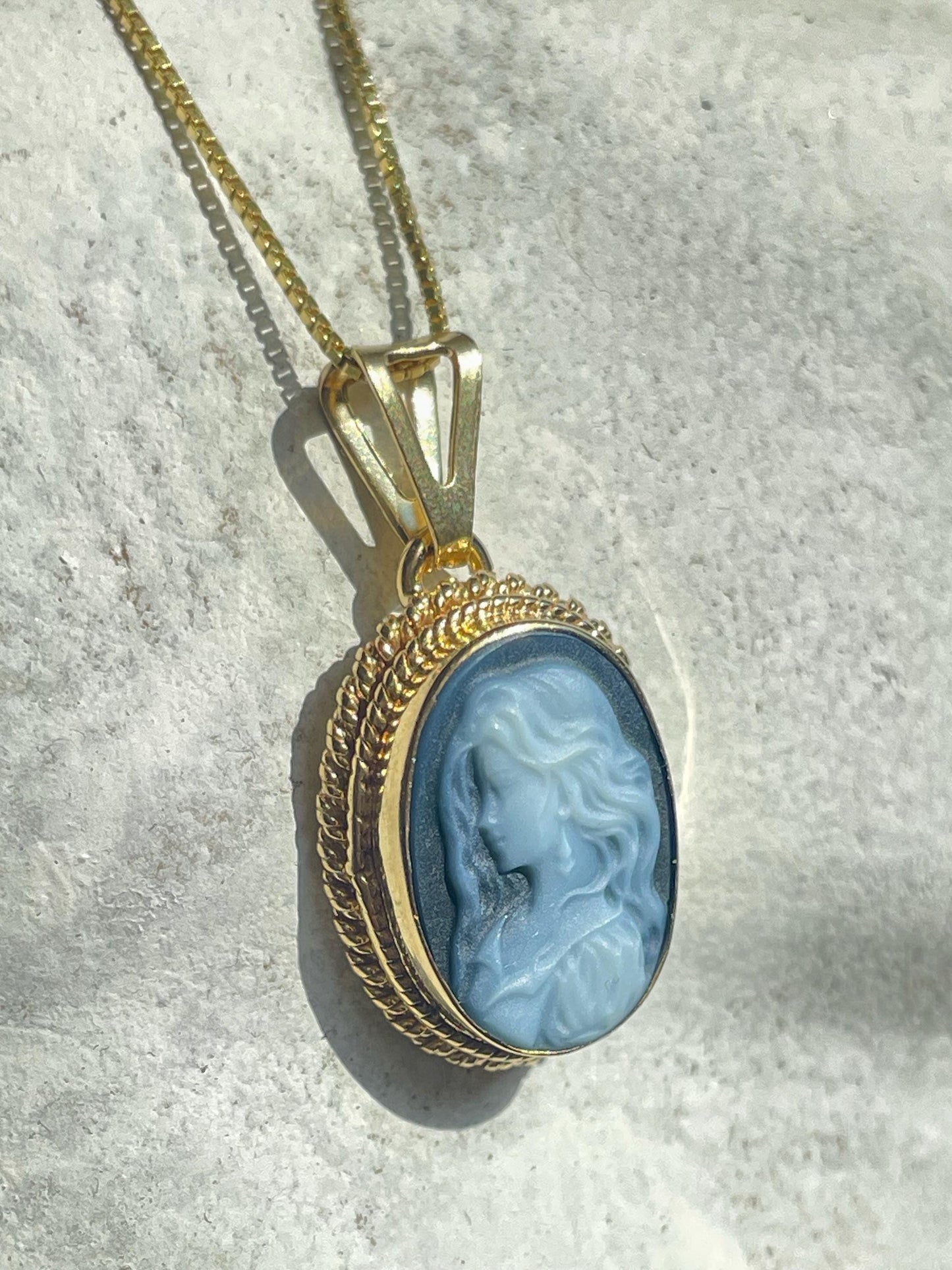 Blue cameo necklace, 18k gold, silver sterling, made in Italy, gift for her, bridal jewelry, Italian cameo, agate cameo necklace, birthday