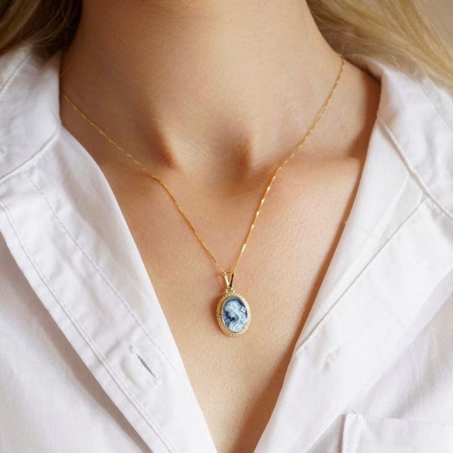 Blue Cameo necklace, 18k gold plated necklace, cameo jewelry, bridal jewelry set, made in Italy, gift for her, unique wedding gift, Mother's