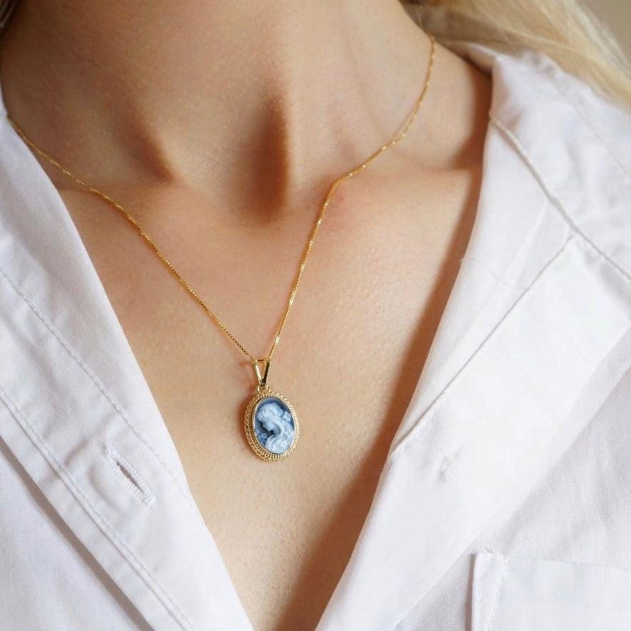 Blue Cameo necklace, 18k gold plated necklace, cameo jewelry, bridal jewelry set, made in Italy, gift for her, unique wedding gift, Mother's