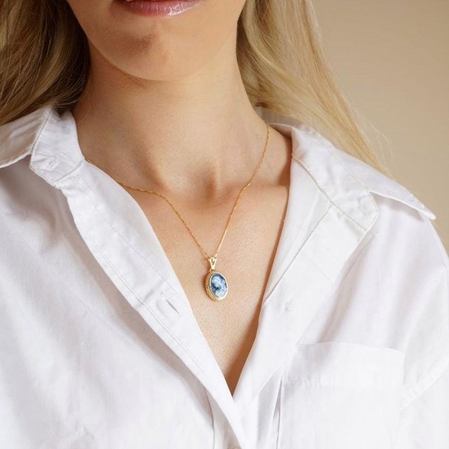 Blue Cameo necklace, 18k gold plated necklace, cameo jewelry, bridal jewelry set, made in Italy, gift for her, unique wedding gift, Mother's