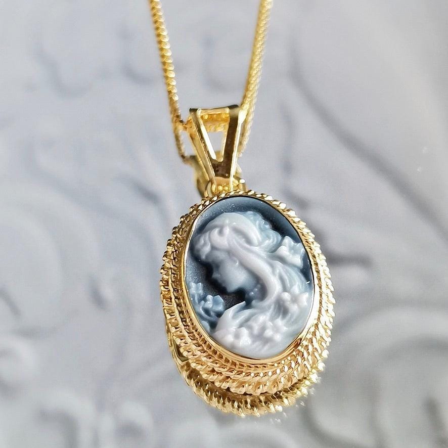 Blue Cameo necklace, 18k gold plated necklace, cameo jewelry, bridal jewelry set, made in Italy, gift for her, unique wedding gift, Mother's