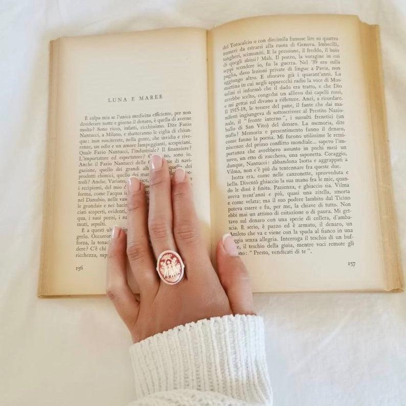 The Three Graces, cameo ring, silver sterling 925 adjustable band, waterproof ring, handmade cameo, genuine handmade in Italy, Charites ring