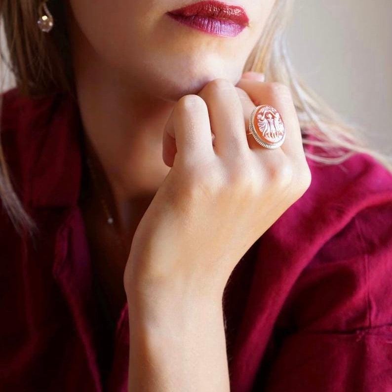 The Three Graces, cameo ring, silver sterling 925 adjustable band, waterproof ring, handmade cameo, genuine handmade in Italy, Charites ring