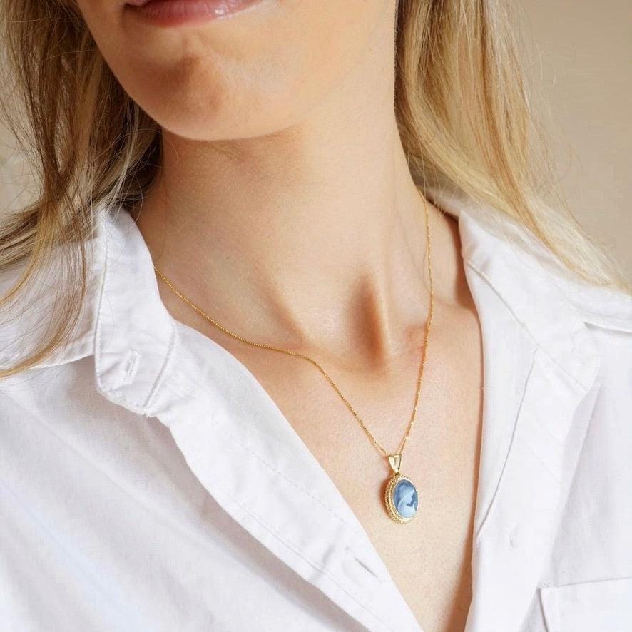 Blue cameo set, 18K gold necklace, cameo jewelry, made in Italy, gift for her, cameo ring, cameo set, cameo necklace, waterproof jewelry