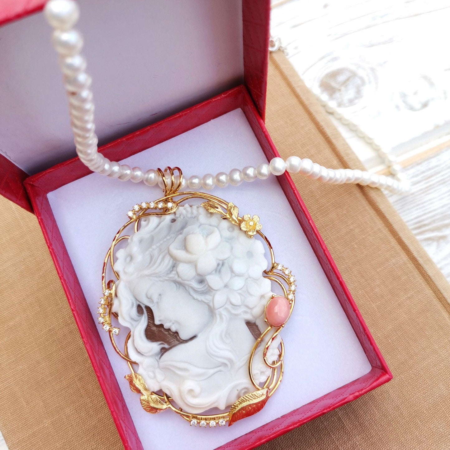 Genuine cameo necklace, medallion pendant, made in Italy, silver sterling 925, personalised gift for her, bridal, wedding jewelry, coral
