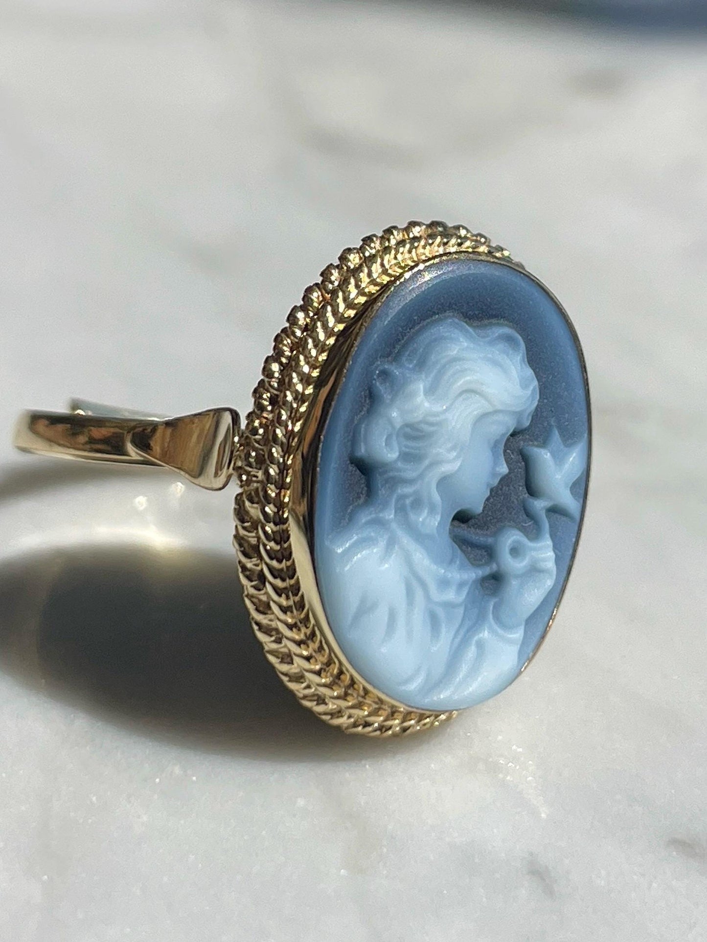 Blue cameo adjustable ring, 18k gold plated, silver sterling 925