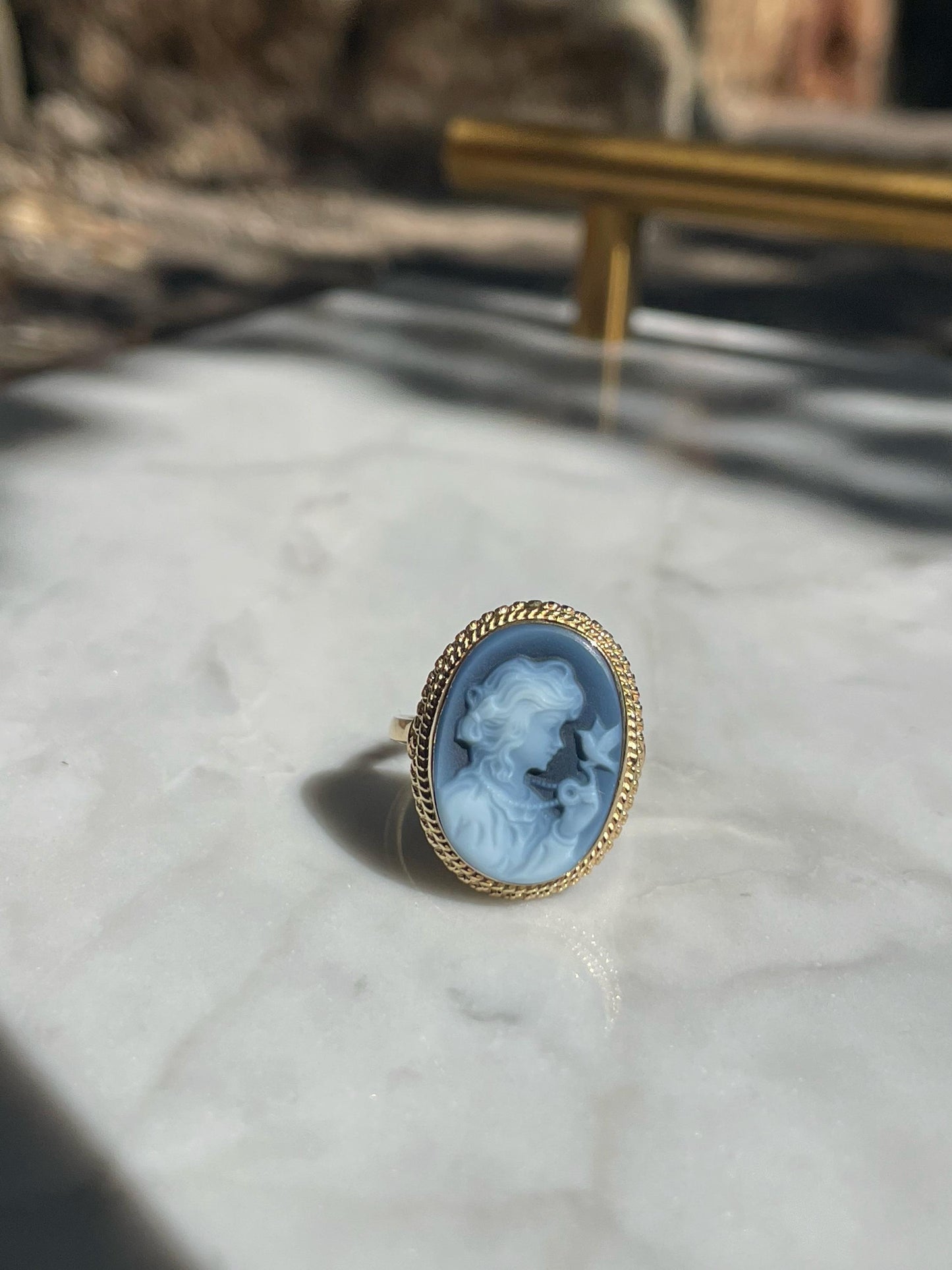 Blue cameo adjustable ring, 18k gold plated, silver sterling 925
