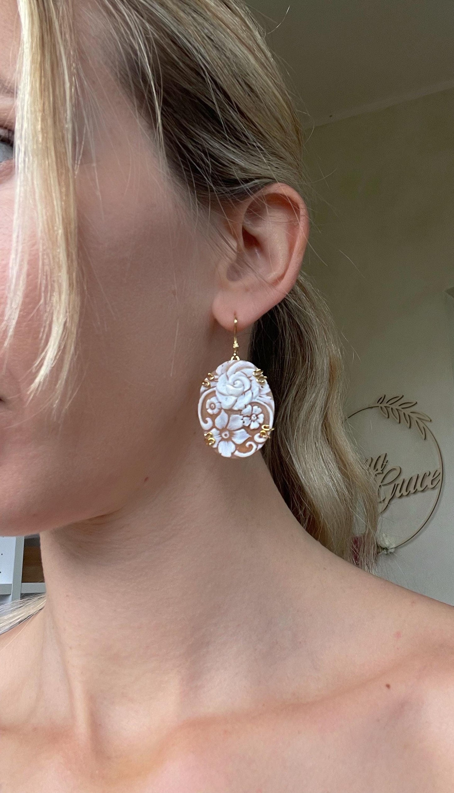 Golden Cameo earrings, mother gift, 18k gold earrings