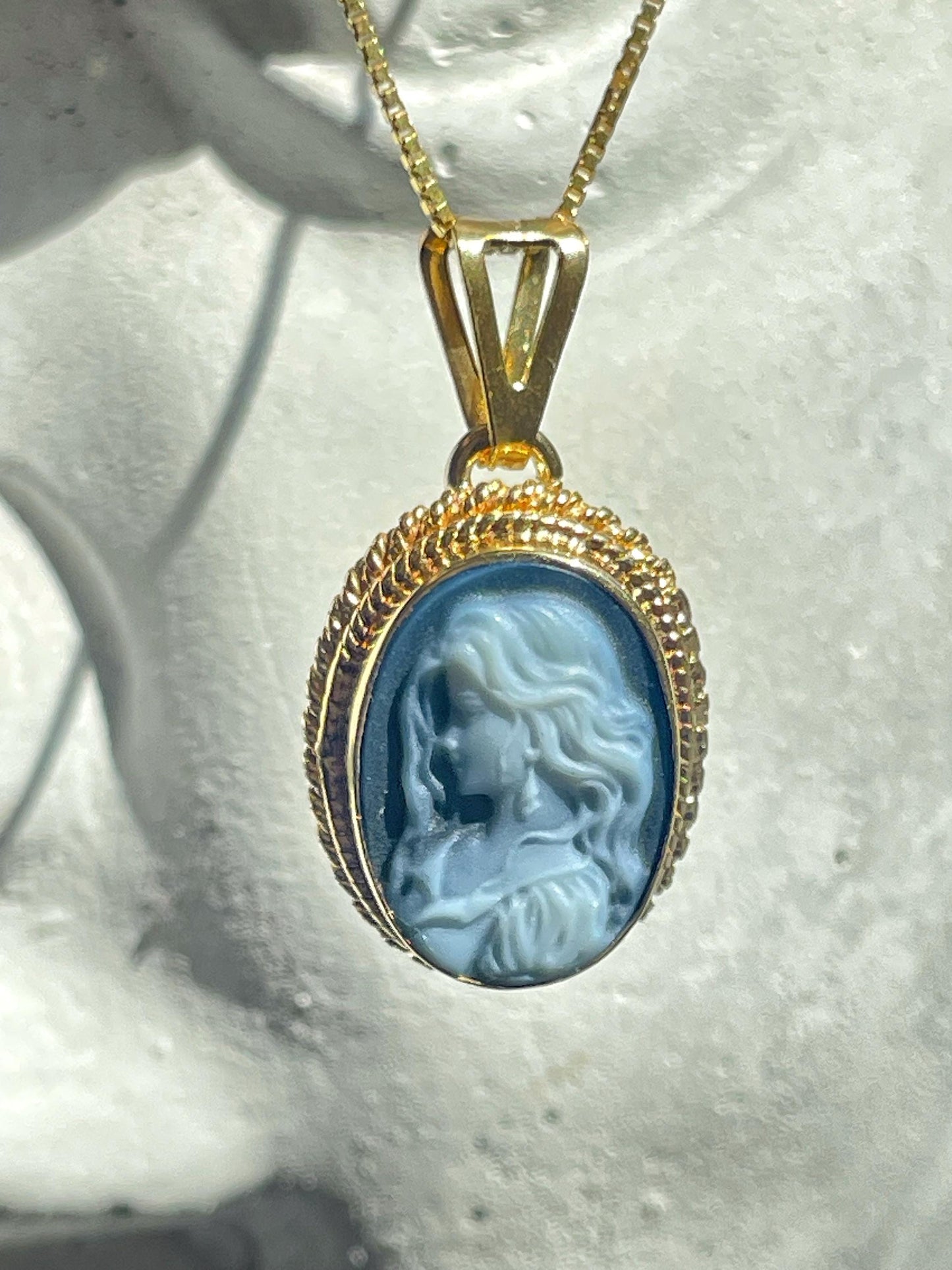 Blue cameo necklace, 18k gold, silver sterling, made in Italy, gift for her, bridal jewelry, Italian cameo, agate cameo necklace, birthday