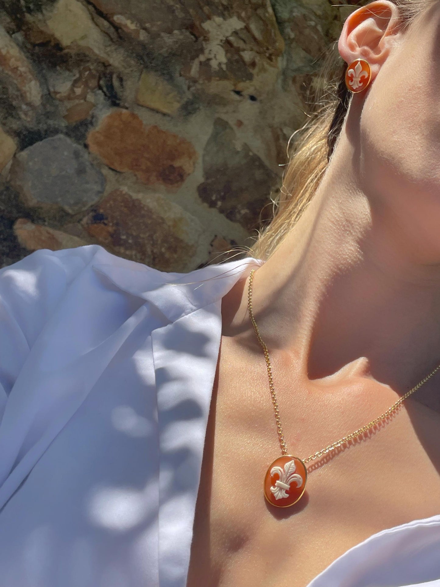 Fleur de Lis cameo necklace, jewelry gift, bridal necklace, vintage necklace, unique jewelry gift set, GIGLIO, made in Italy, custom jewelry