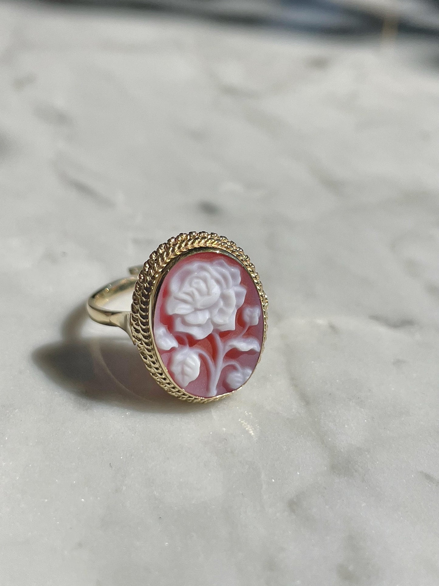 Red Rose cameo adjustable ring, 18k gold plated, gift for her