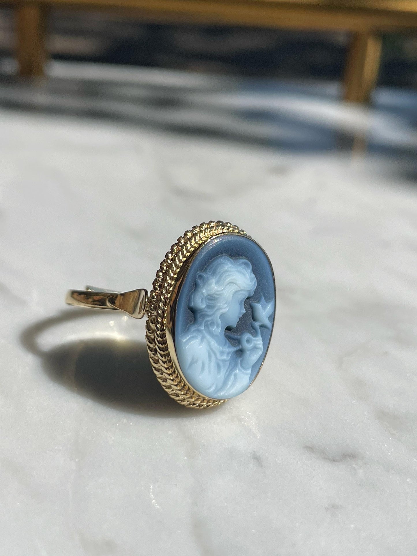 Blue cameo adjustable ring, 18k gold plated, silver sterling 925
