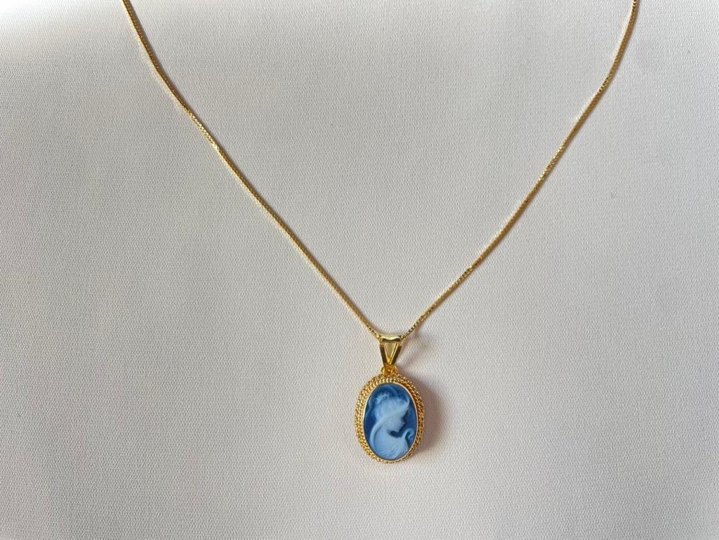 Blue cameo necklace, 18K gold necklace, cameo jewelry, made in Italy, gift for her, agate cameo, cameo set, cameo necklace, gifts under 100