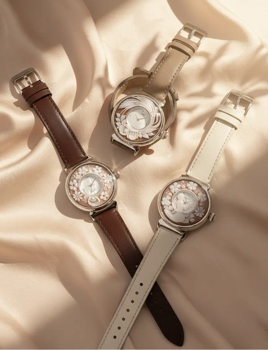 Three sea shell cameo watches with different leather straps on a beige fabric background