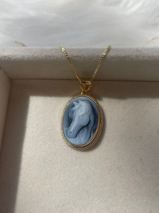 Horse cameo necklace - blue