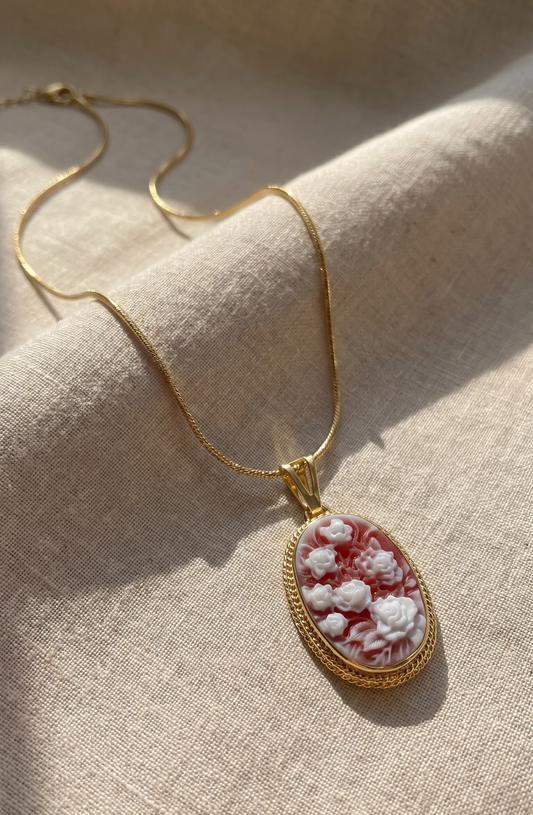 Floral Cameo Necklace - Red Agate