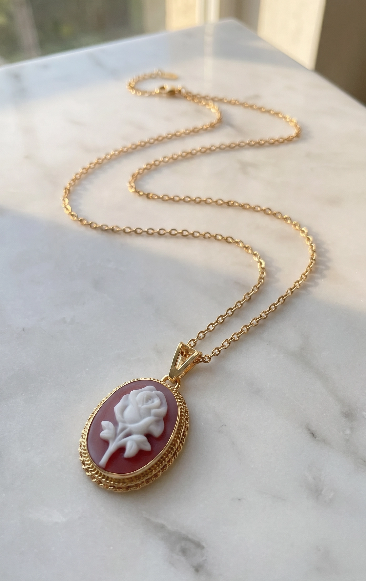 red agate rose pendant with a gold frame handmade in italy