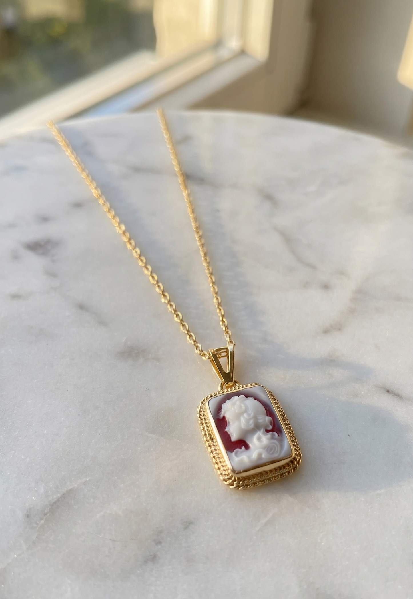 square cameo necklace from red agate with gold frame handmade in italy