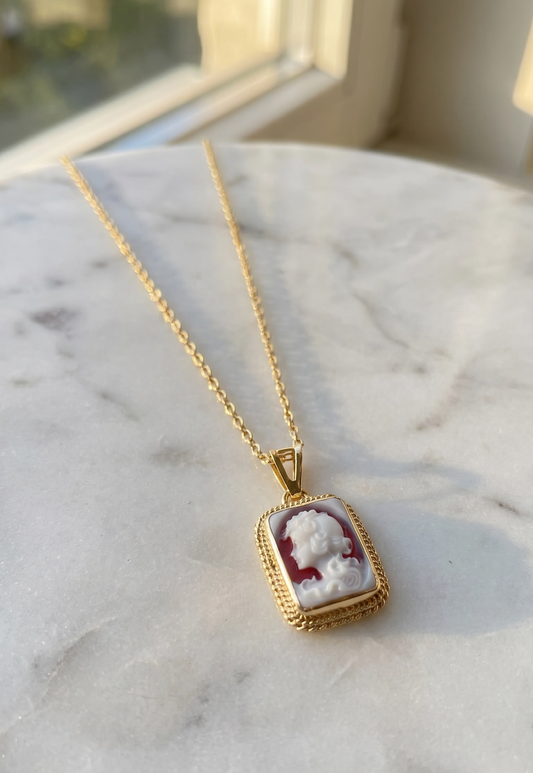 square cameo necklace from red agate with gold frame handmade in italy