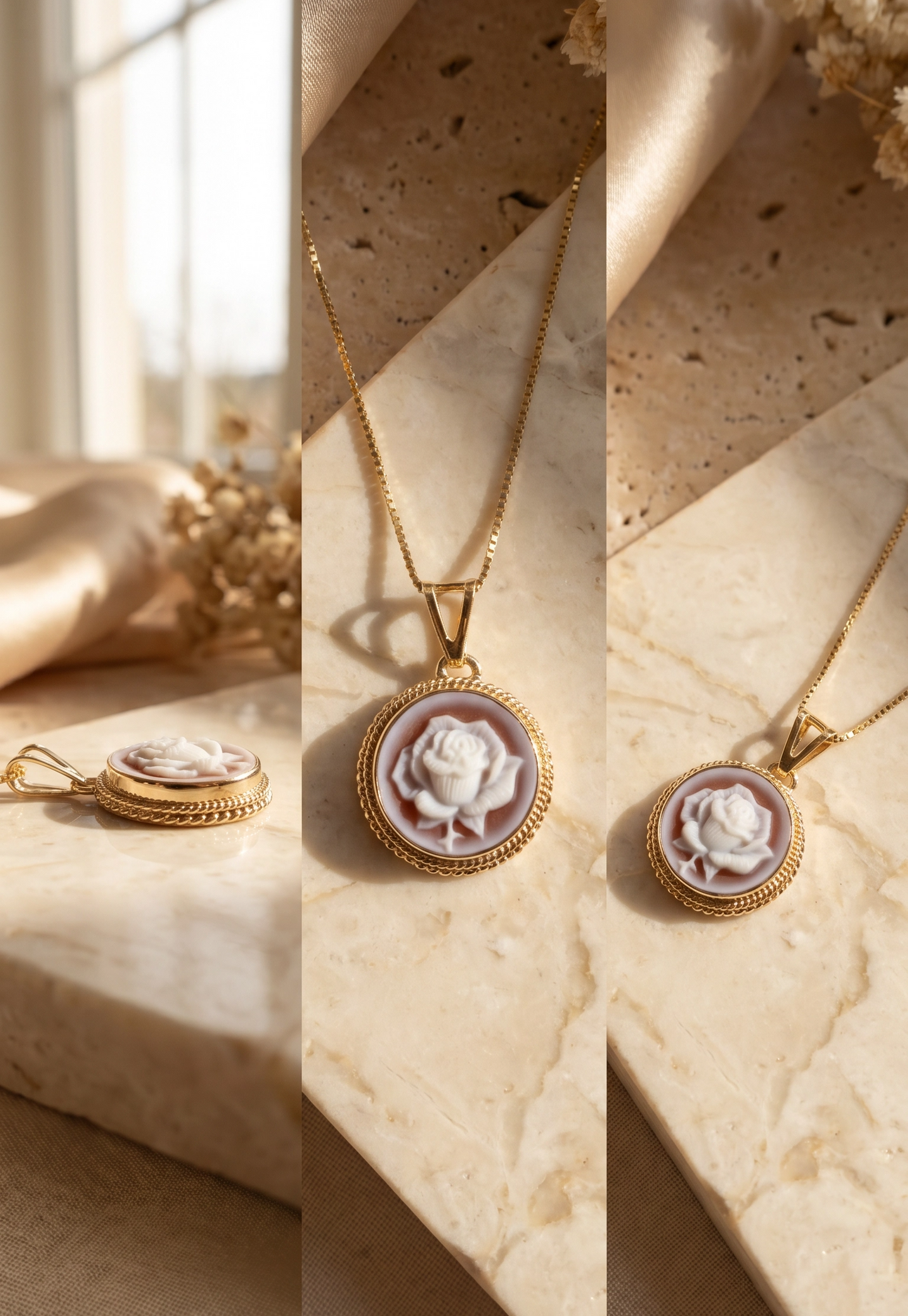 handmade cameo necklace from red agate with solid gold frame and chain