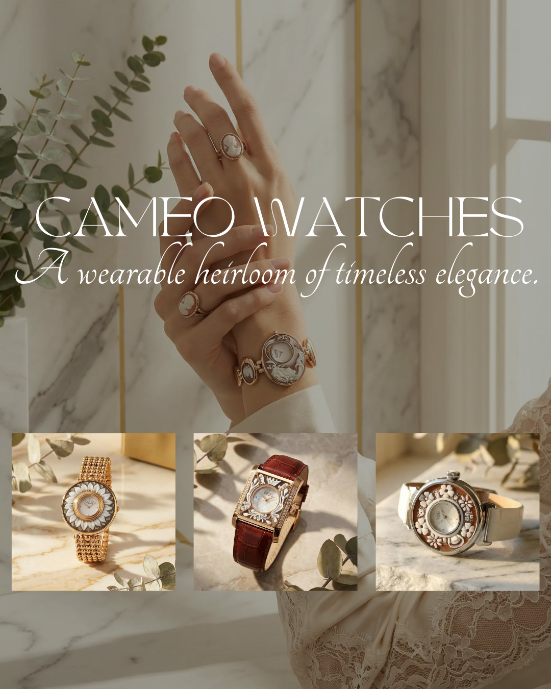 Cameo watches with a hand wearing jewelry on a marble background